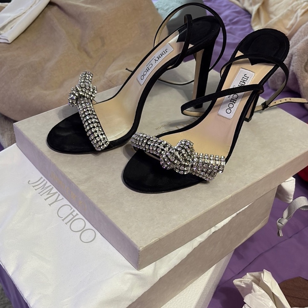 Jimmy Choo Black and Silver Heels with Crystal Embellishments - Picture 3 of 9